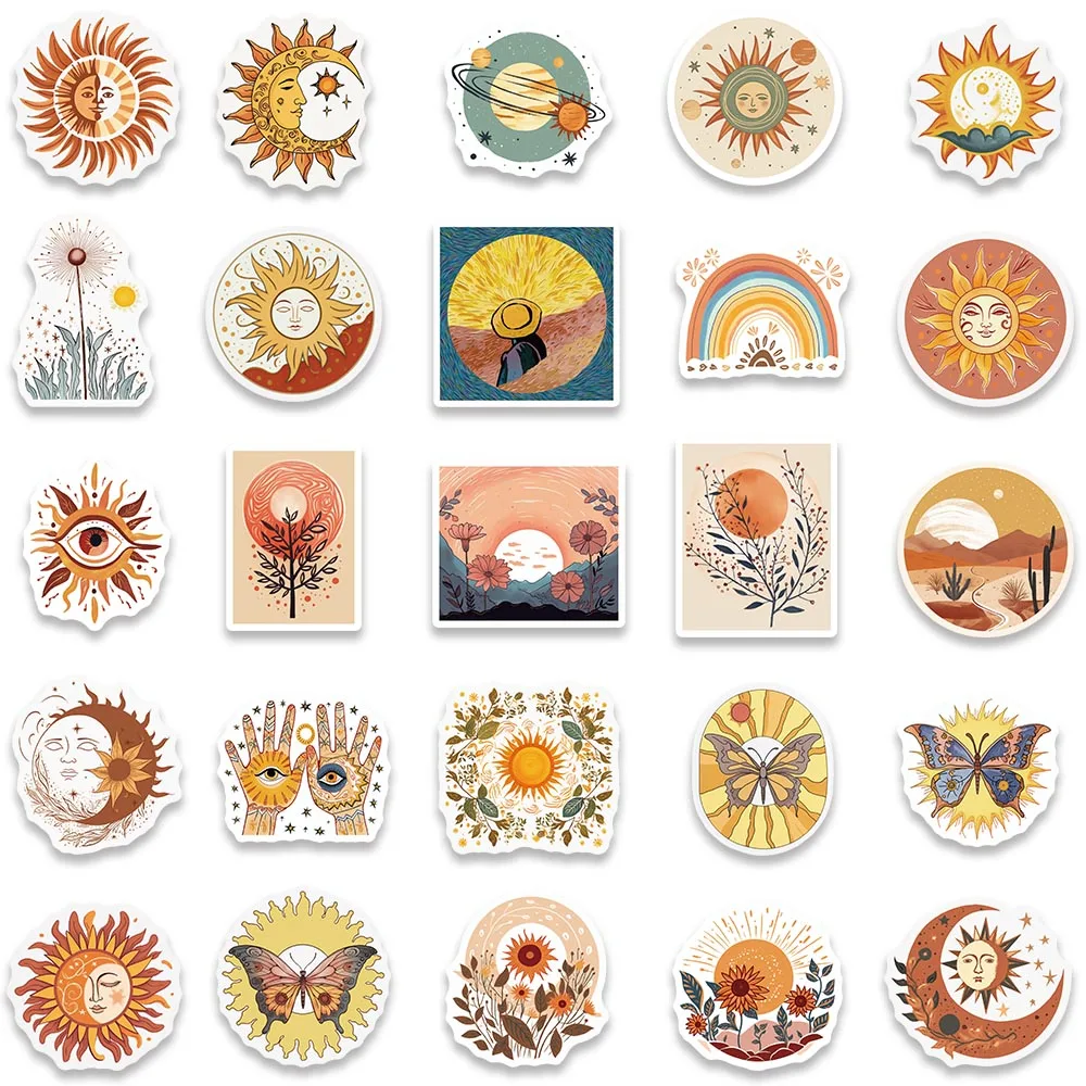 50/100PCS Art Bohemia Moon Sun Flower Sticker Aesthetic Retro Boho Cartoon Waterproof Decal Computer Scrapbooking Bottle Sticker