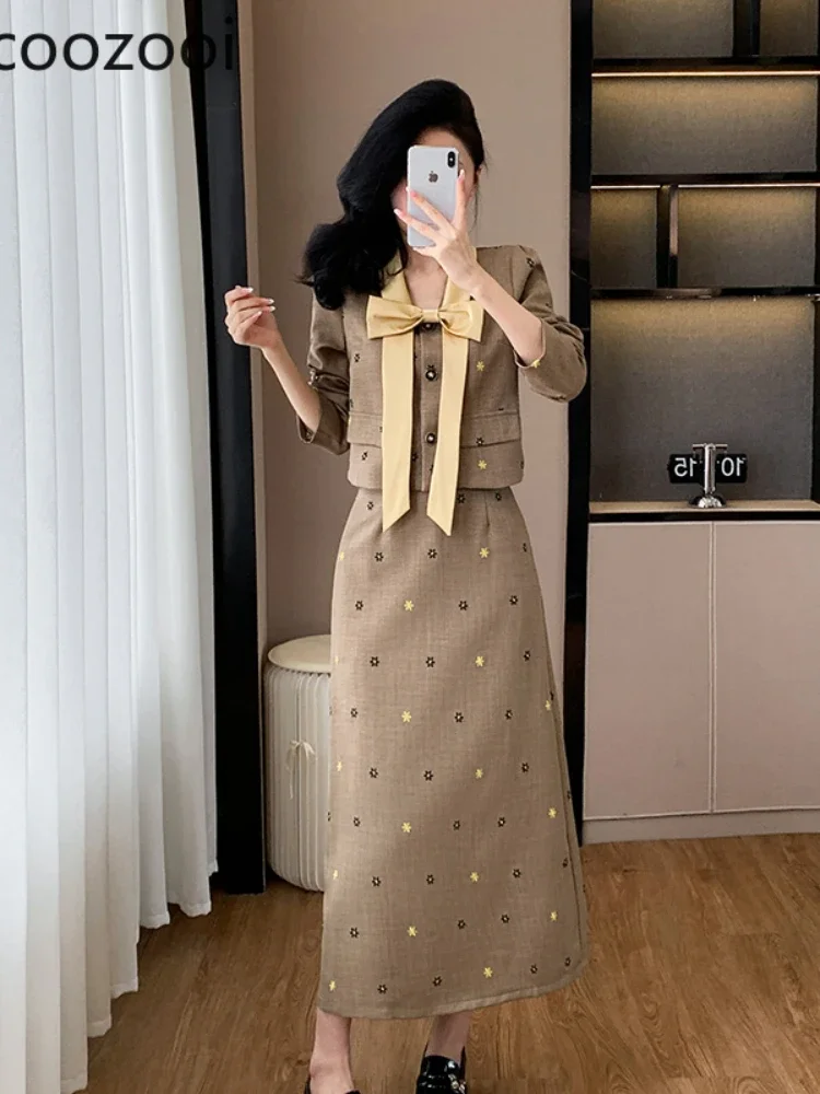 Autumn New Elegant Quality Light Luxury Set Bow Long Sleeve Top Skirt Two-piece Set Roupas Femininas Conjuntos Blazers