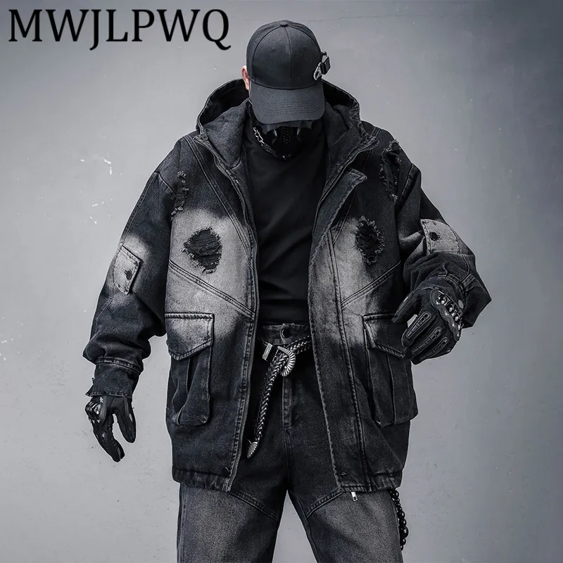 

MWJLPWQ Heavy-Duty Washed Frayed Thickened Denim Cotton Jacket Men's Winter American High Street Mid-Length Functional Top 12906