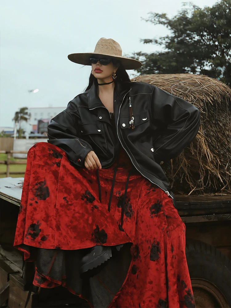 

Оригинальный MaXi Romantic Knight American Retro Sli Motorcycle Bla Loose Jaet Coat из искусственной кожи Street Sle Long Sve Z...