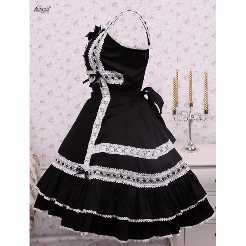 Mittellanges Kleid Frauen Baumwolle schwarz schlaflose Spitze klassische A-Linie Lolita Kleid mit weißen Spitzen/Schleife lässig Blase Lolita Kleid