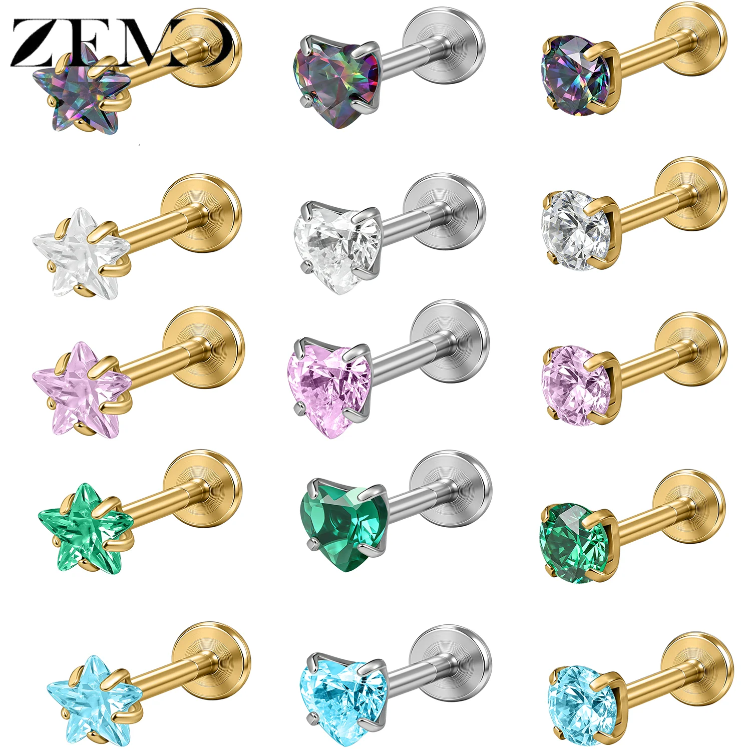 ZEMO 1 Stück 16G ASTM F136 Titan Lippenpiercing Labret Stern Herz Rund CZ Ohrringe Innengewinde Knorpel Helix Piercing