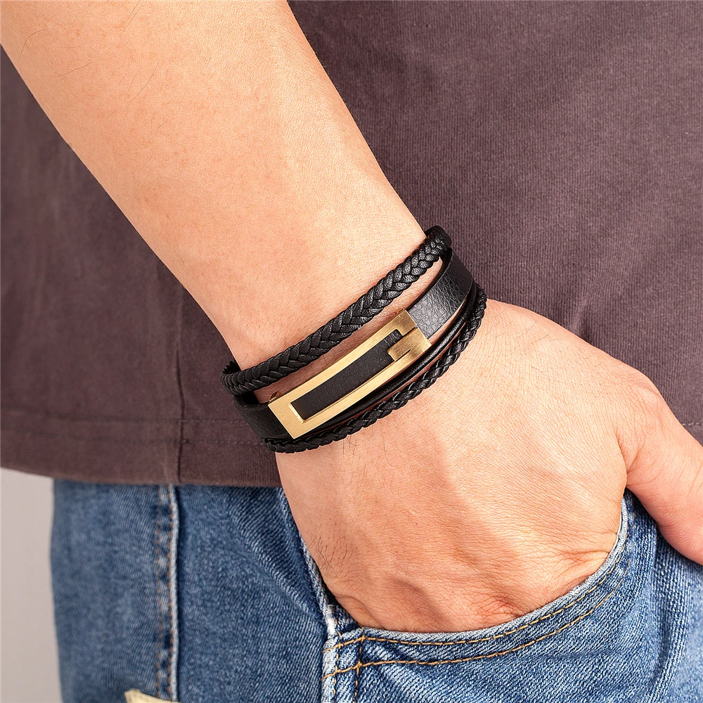 New Fashion Stainless Steel Charm Black Men\'s Bracelet Punk Rock Braid Multi-layer Bracelet Ladies Jewelry Accessories Wholesale