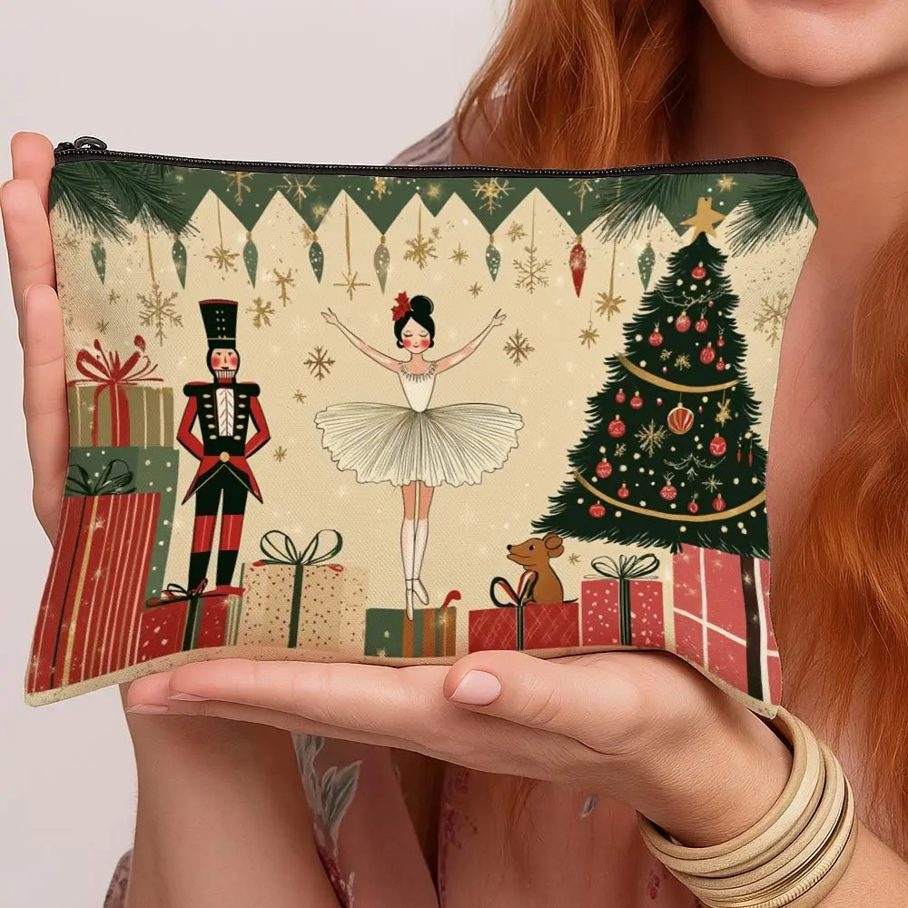 1pc Christmas Nutcracker and Christmas Tree Makeup Bag Lightweight Travel for Women Zipper Closure Portable Toiletry Bag