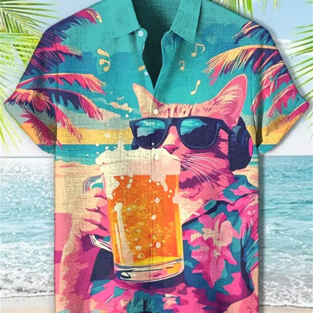 

Men's plus Size Hawaiian Casual Shirt Short Sleeve Lapel Fashionable Cat Print Street Wear Breathable Linen Button