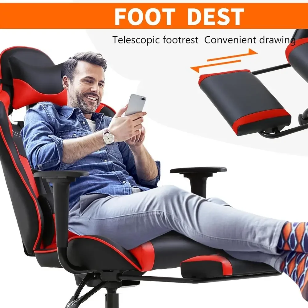 Ergonomic PU Leather Gaming Chair with Lumbar Support and Footrest for Men and Women, Red view 6