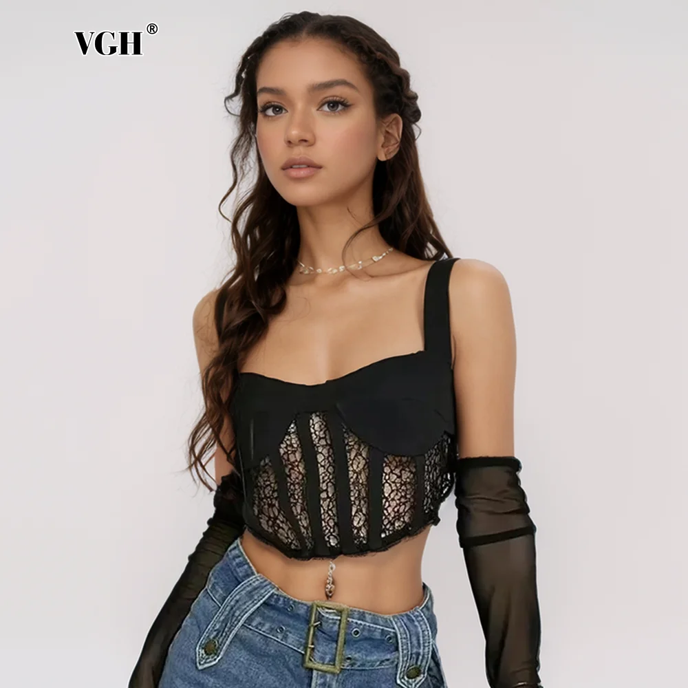 

VGH Solid Sexy Lace Camisole Short Tank Tops For Women Square Collar Sleeveless Backless Hollow Out Vests Female Fashion Style