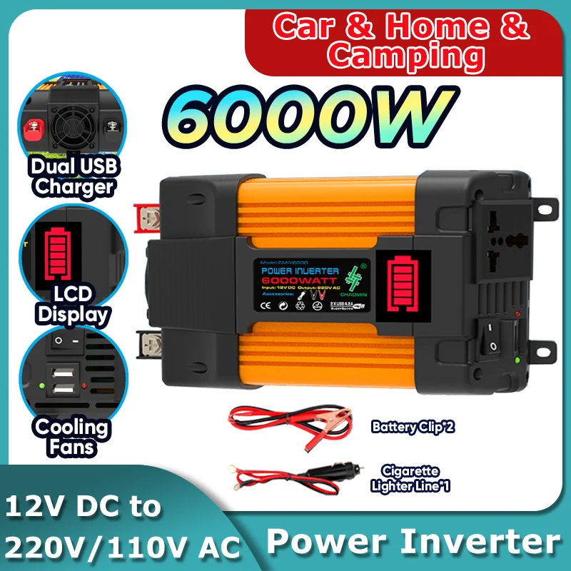 

6000W Car Inverter Converter Pure Sine Wave Power Inverter DC 12V To AC 110V/220V Dual USB Ports Car Charger for Auto RV Camping