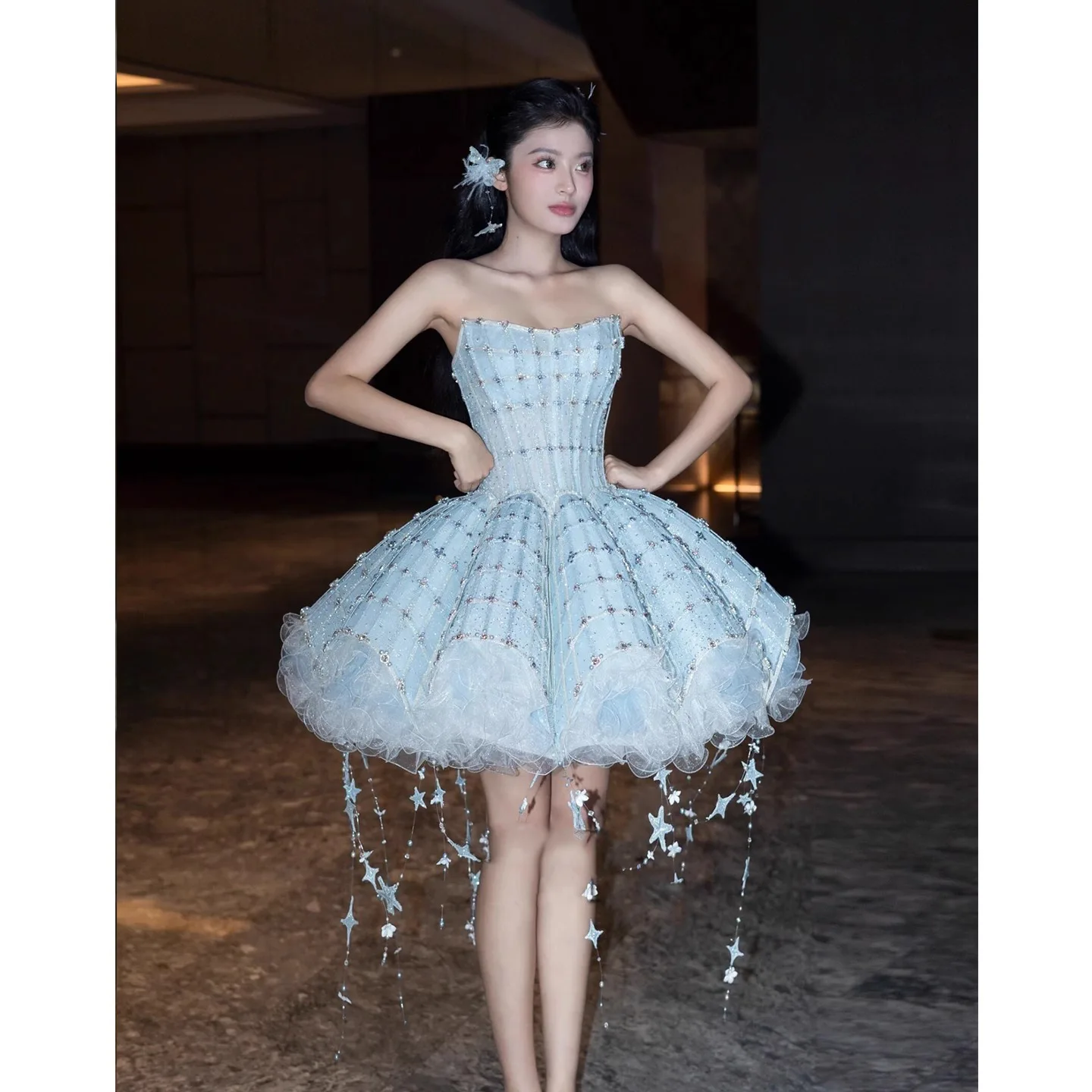 

Blue Luxury Short Ball Gown Women Girl Strapless Party Birthday Gown Mini Dress Customized off Shoulder Bride Wedding Dresses