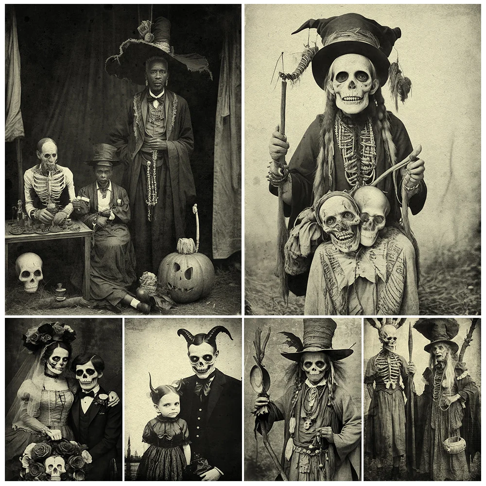 

Day Of The Dead Wedding Couple Vintage Photography Art Poster Print Zombie Devil Antique Photo Gothic Wall Art Canvas Painting