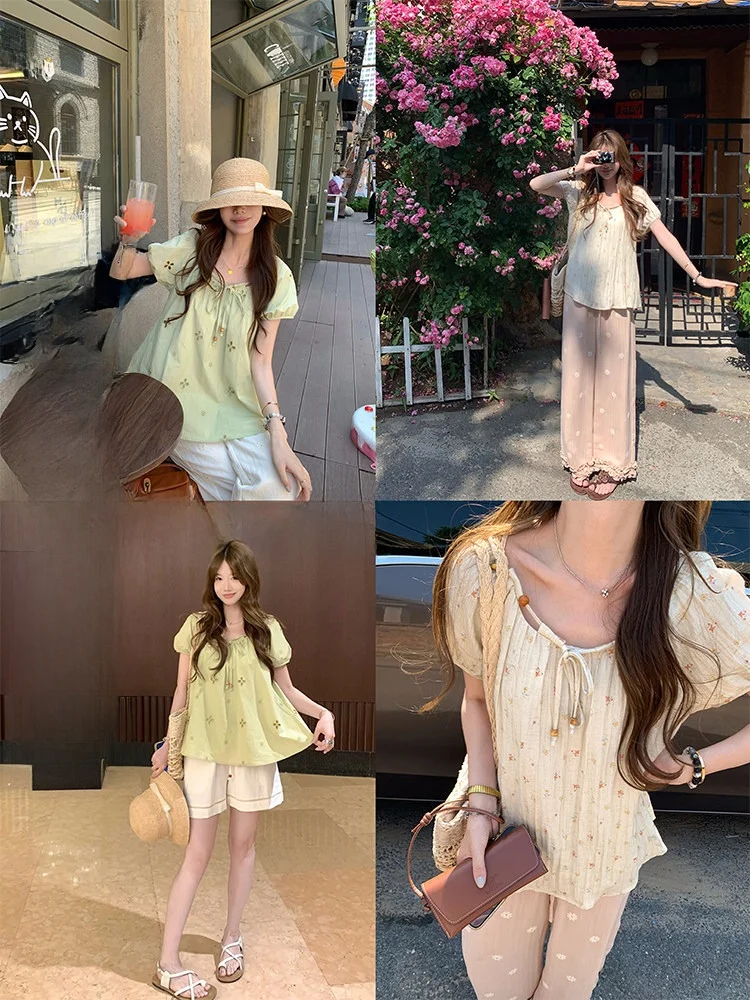 

Женская хлопковая блузка Miaolab с вышивкой и цветочным принтом, корейский стиль, свободный крой, короткий рукав, летняя