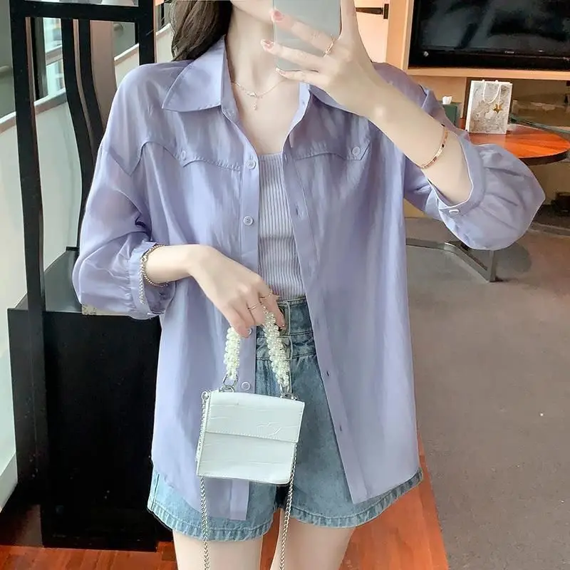 Spring and Autumn Women\'s Solid Color POLO Neck Button Mid Length Loose Sleeve Shirt Fashion Casual Elegant Commuter Tops