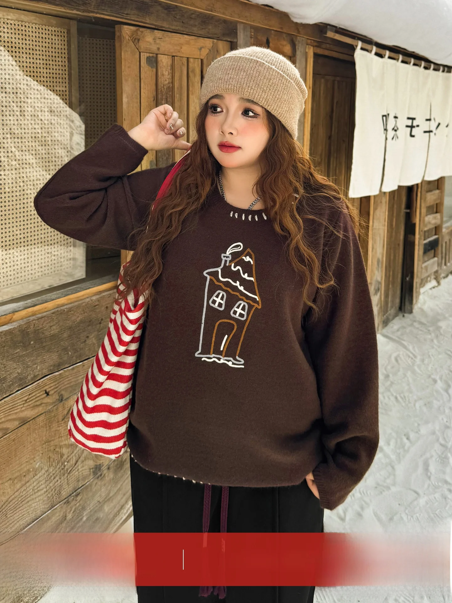 

Женский свитер оверсайз с мультяшной вышивкой, винтажный, вязаный, свободного кроя, для осени и зимы