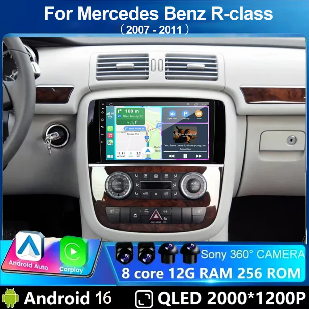 Android 16 QLED Car Radio Carplay Multimedia GPS Player BT For Mercedes Benz R Class R300 R350 R280 R320 R500 W251 2007 - 2011