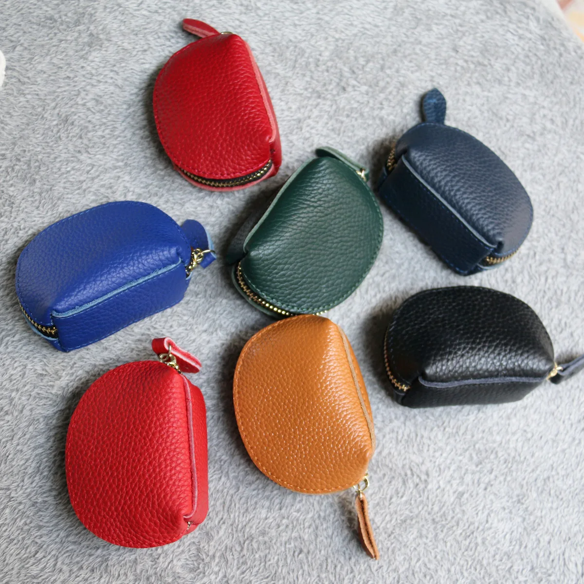 Unisex Simple Retro Top Layer Cowhide Shell Shape Coin Wallet Durable Zipper Closure for Earphones Keys Small Storage Pouch
