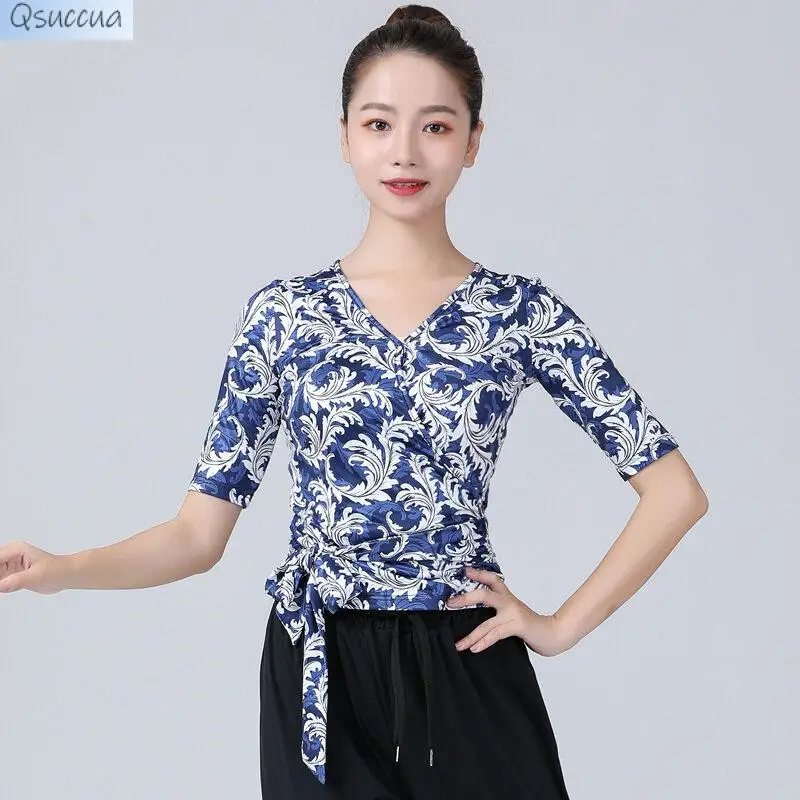 Latin Dance New Adult Women's Dance Clothes Tops Sleeves Exercises National Standard V-Neck, Modern Ballroom Dance Clothes