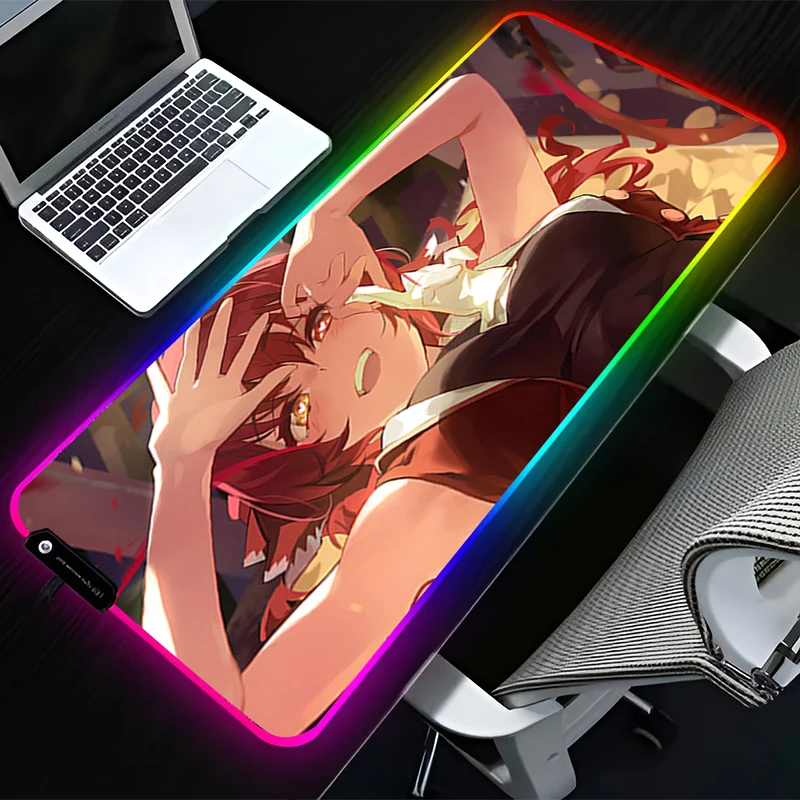 RGB LED Mouse Pad Computer Desk Accessories Mouse Mat Rubber Keyboard Pad H-hololive Houshou Marine Non Slip Mousepad Desk Mat