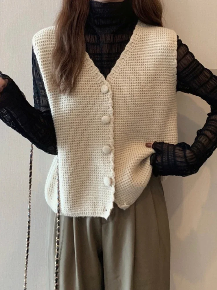 Suéter de otoño, chaleco para mujer, cárdigan de punto coreano, chaleco para mujer, moda Vintage sin mangas, prendas de punto de una sola botonadura, Tops informales