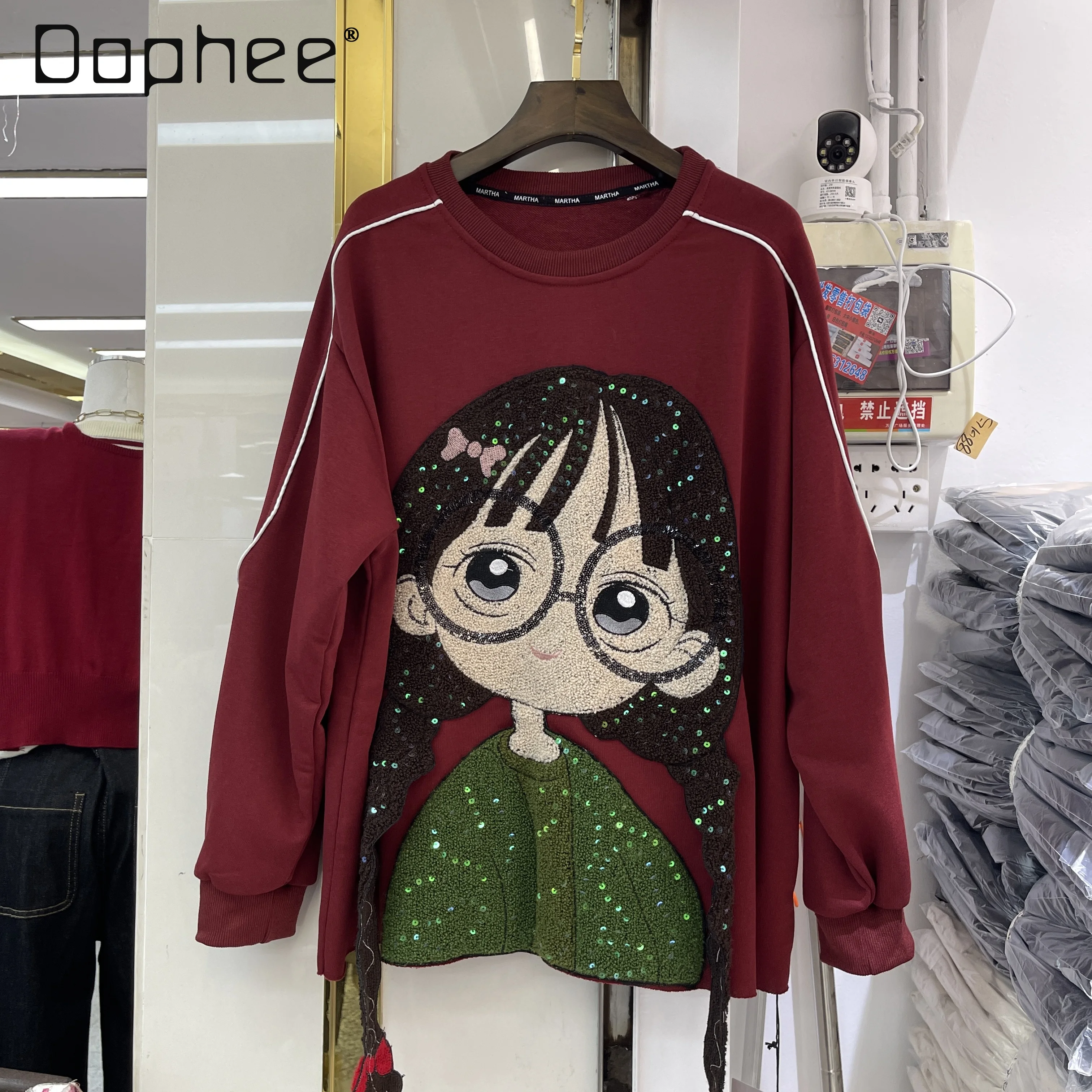 European Style Trendy Brand Patchwork Cartoon Girl Round Neck Long Sleeve Sweatshirt Loose Fit Oversized Top for Women Autumn