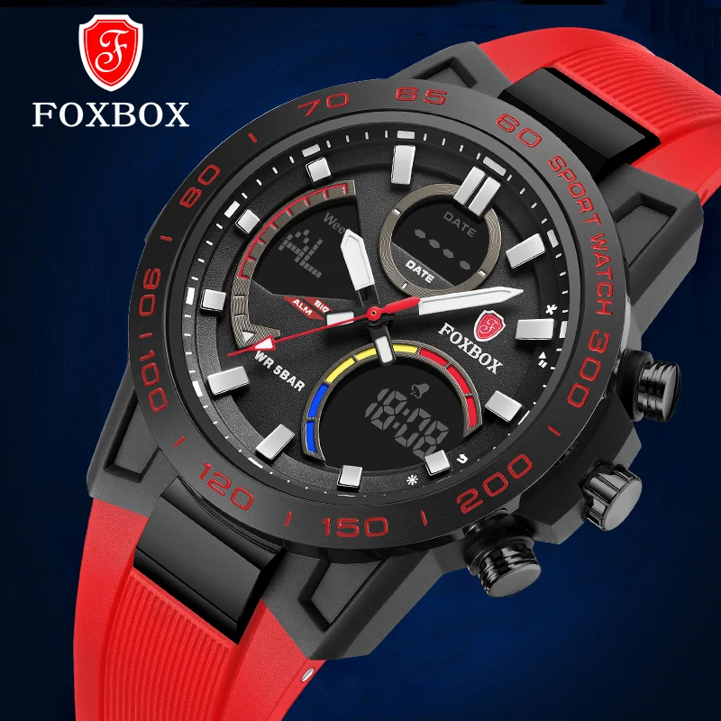 FOXBOX Luxury Watches Men Dual Display Watches Waterproof Mens Sport Wristwatch Men Military Clock Male Stopwatch Relojes hombre