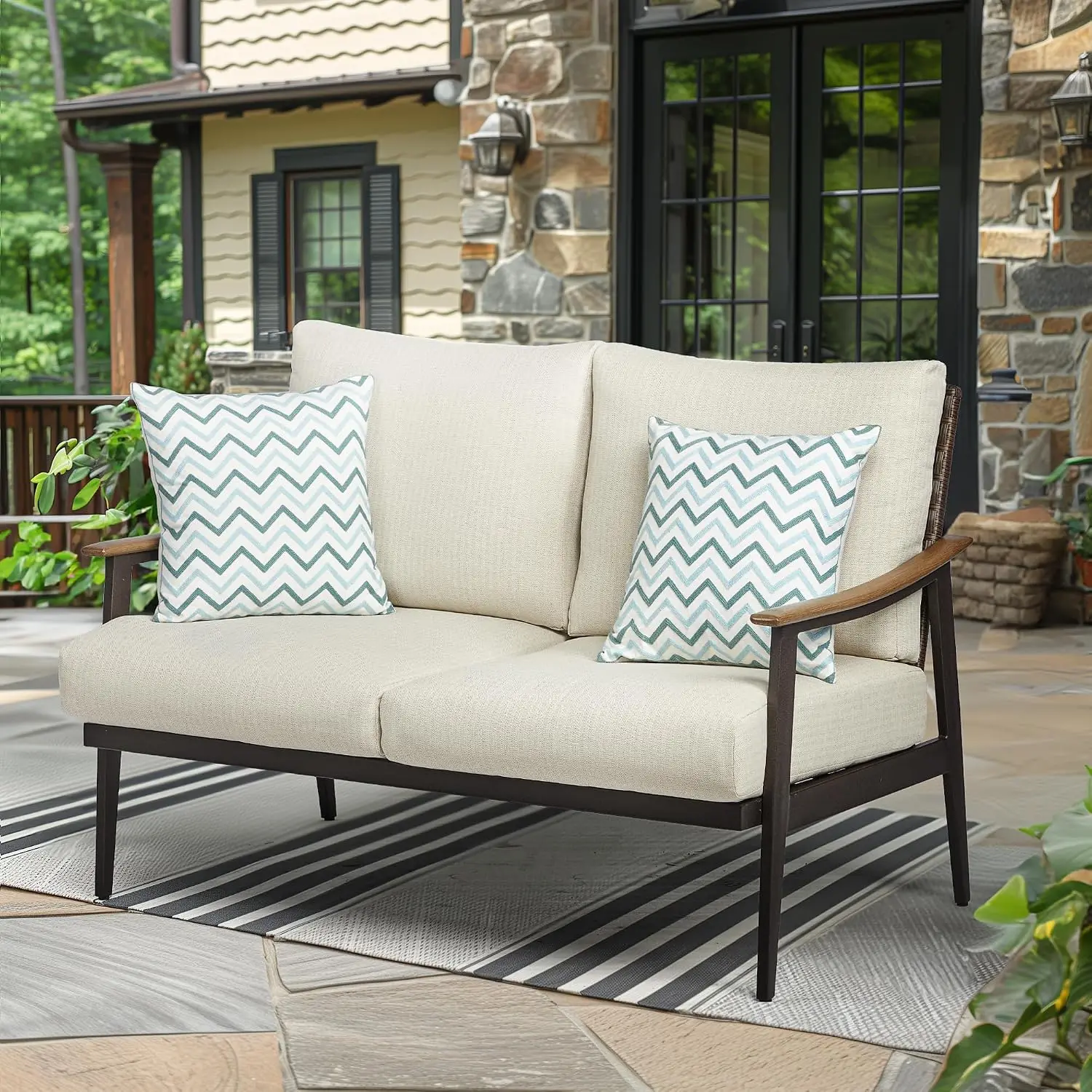 Patio Wicker Loveseat Metal Frame Woodgrain Armrest Adjustable Feet 6