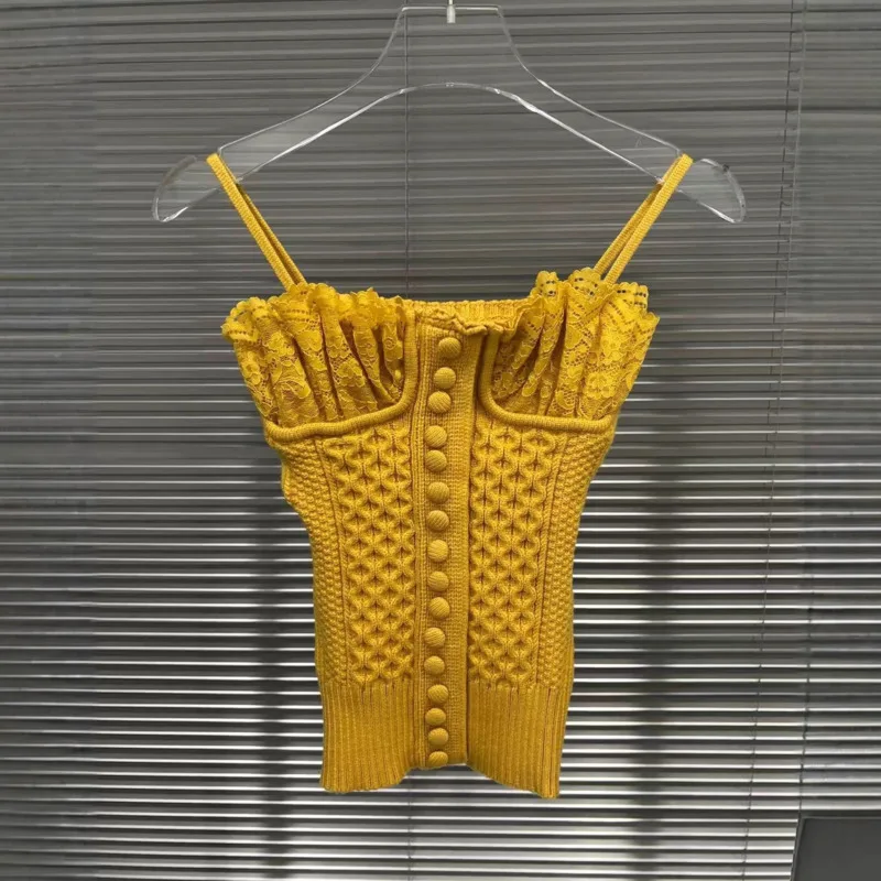 HKSH 2025 Autumn New Women Sweater Cardigan Single Breasted Coat Lace Patchwork Knitted Vest Elegant Chic Two Pieces Set HK13139