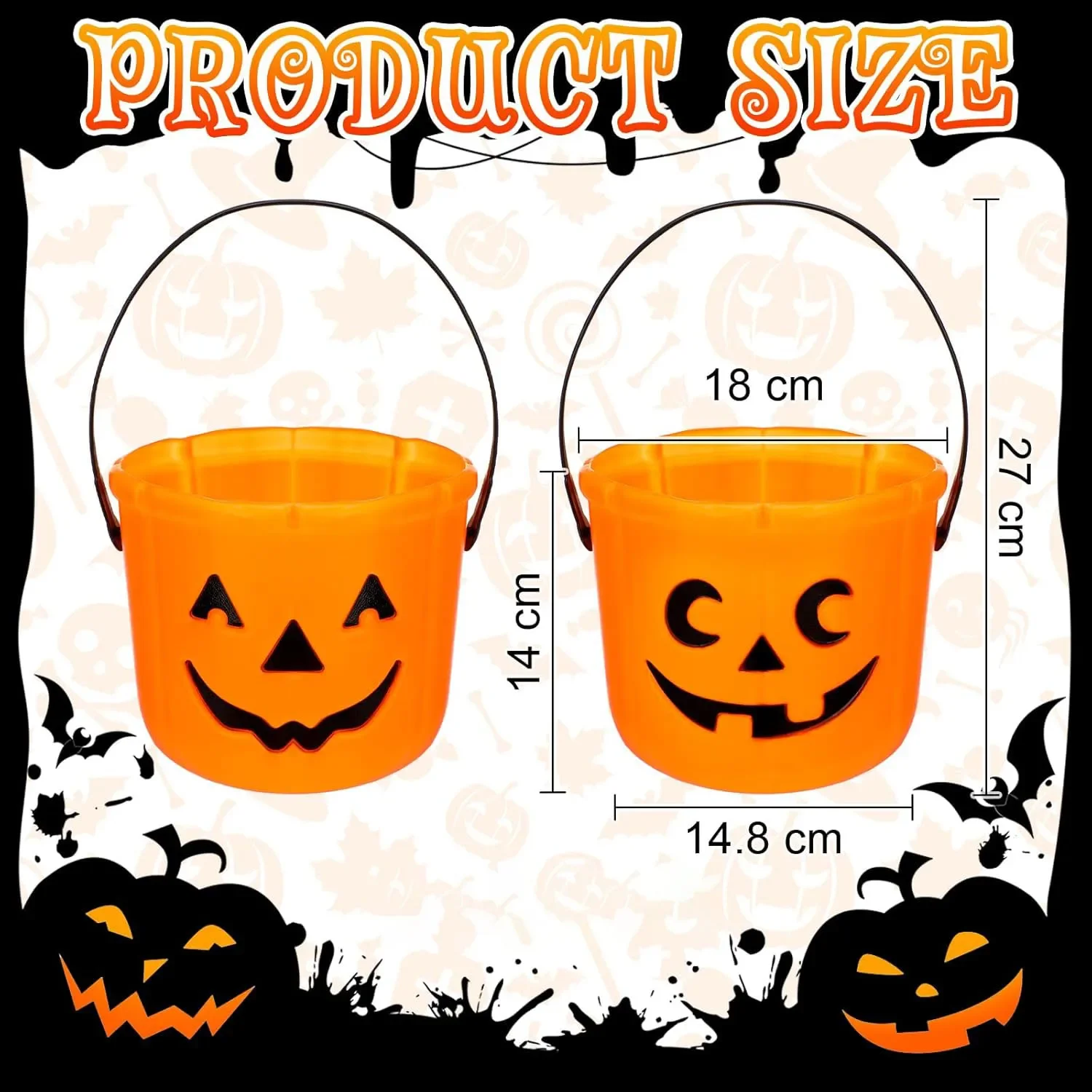 Halloween Trick or Treat Buckets Pumpkin Candy Basket Plastic Pail Candy Holder with Handle Orange Jack-o\'-Lantern Party Favors