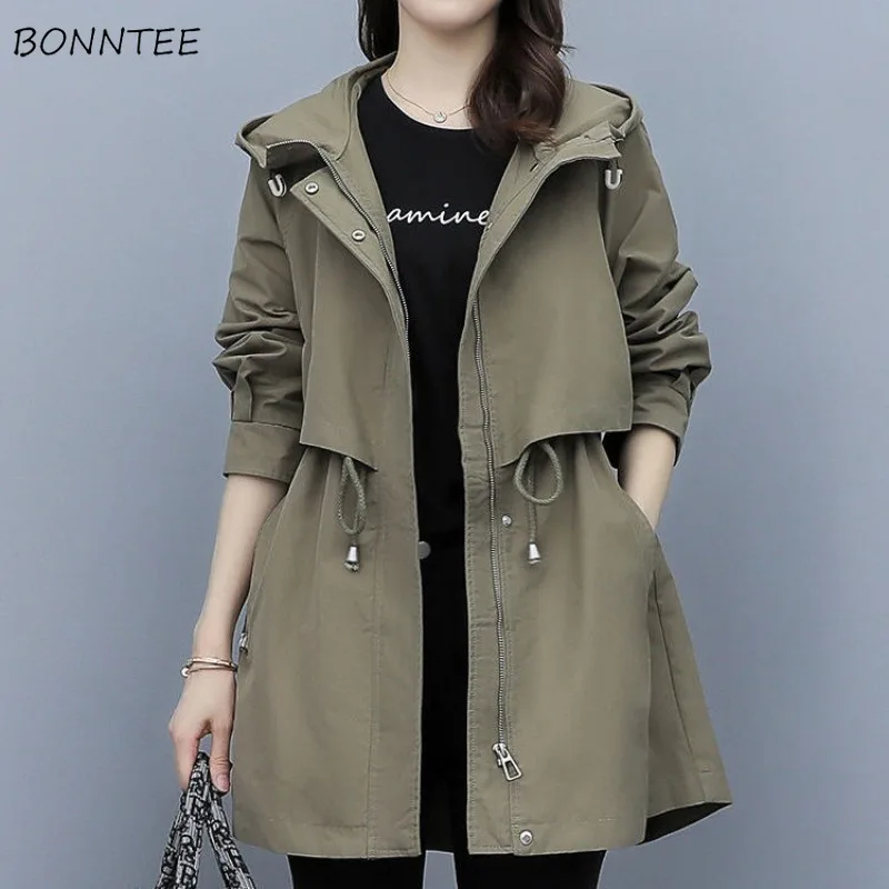 

Long Trench Women Cargo Spring New Arrival Loose Leisure Fashion Hooded Zipper Fly Pockets Solid Simple Lace-up Korean Style