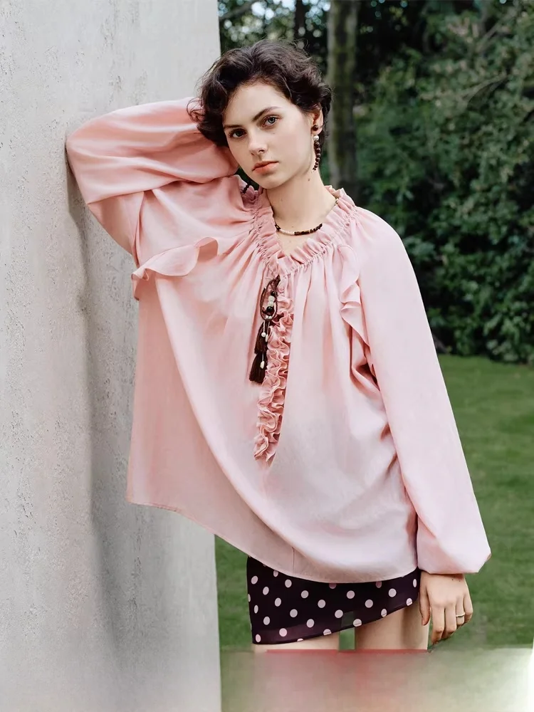 

Loose V-ne Lantern Sve irt Women's Spring 2026 New Sle Fance Blue En Garment Polyester Fiber Long Sve Casual irt