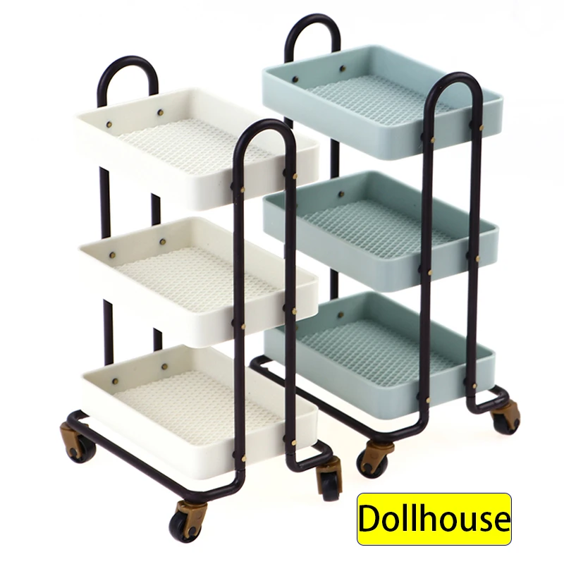 1:12 Dollhouse Miniature Trolley Dining Cart With Wheels Storage Display Shelf Bookshelf Furniture Model Decor Toy