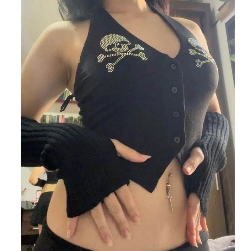 

streetwear Punk rhinestone halter neck strap sleeveless vest sexy tank top vintage Goth Aesthetic Summer Fashion Casual Camisole