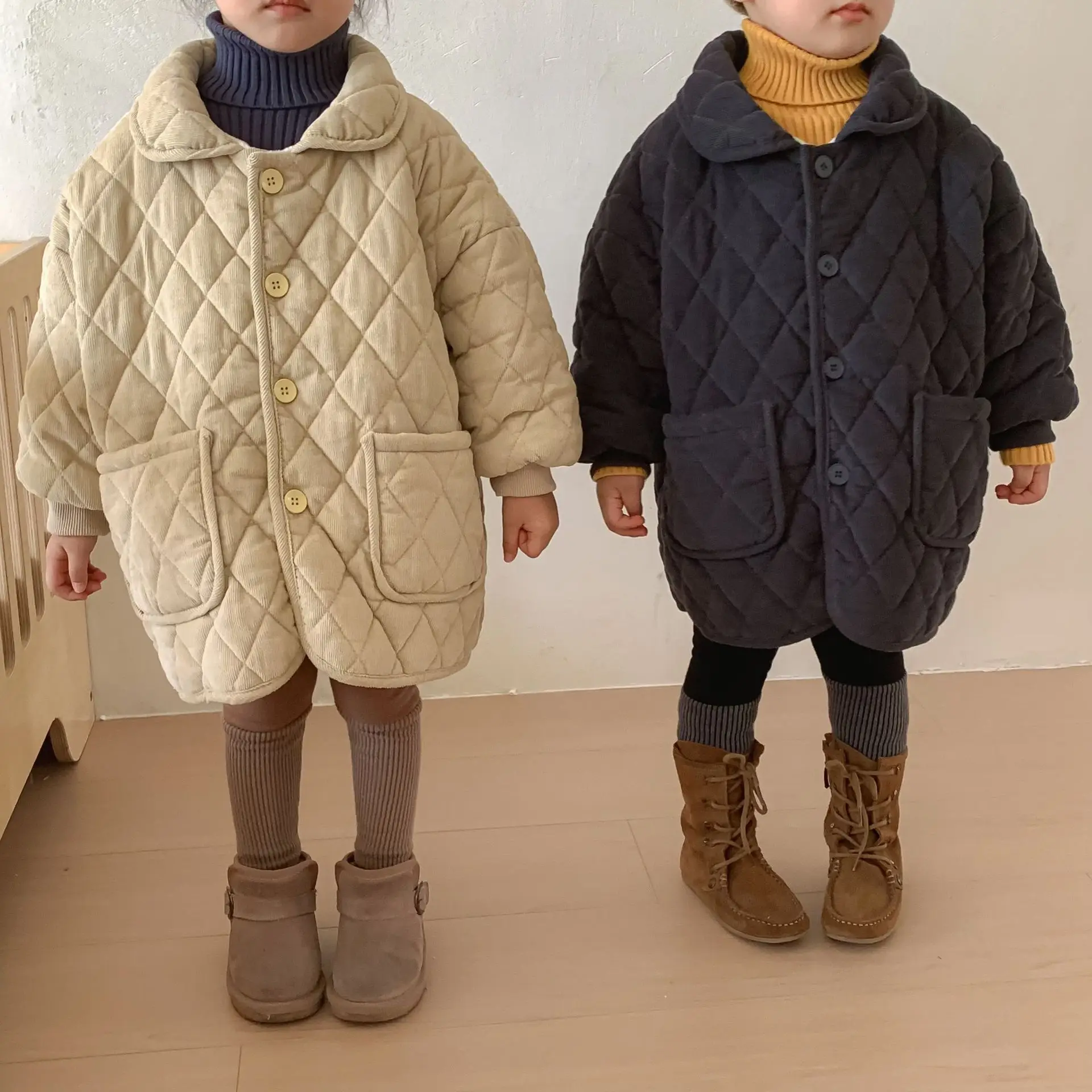 

Children's Cotton Padded Coat Plush Medium Long Corduroy Boys' Cotton Padded Jacket Girls' Thickened Winter Outerwear Toddler