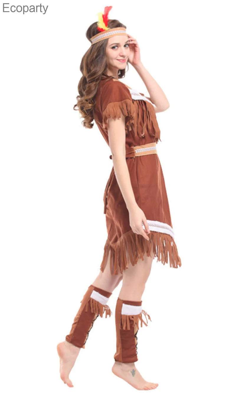 Indian Princess Costume for Teen Girl Women Halloween Purim Party Cospaly Suits Brown Huntress Fringed Dress Outfit