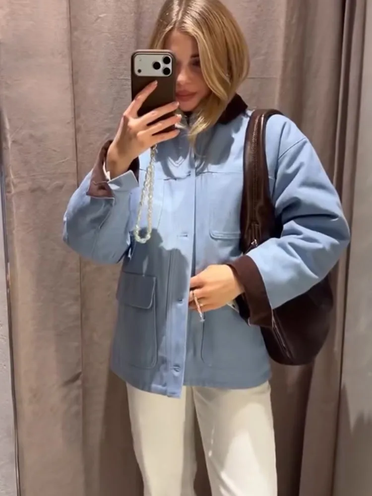 

Женское пальто HH Fashion в уличном стиле, с комбинированным воротником, однобортное, с декоративными карманами, длинными рукавами, повседневное, свободного кроя, 2026