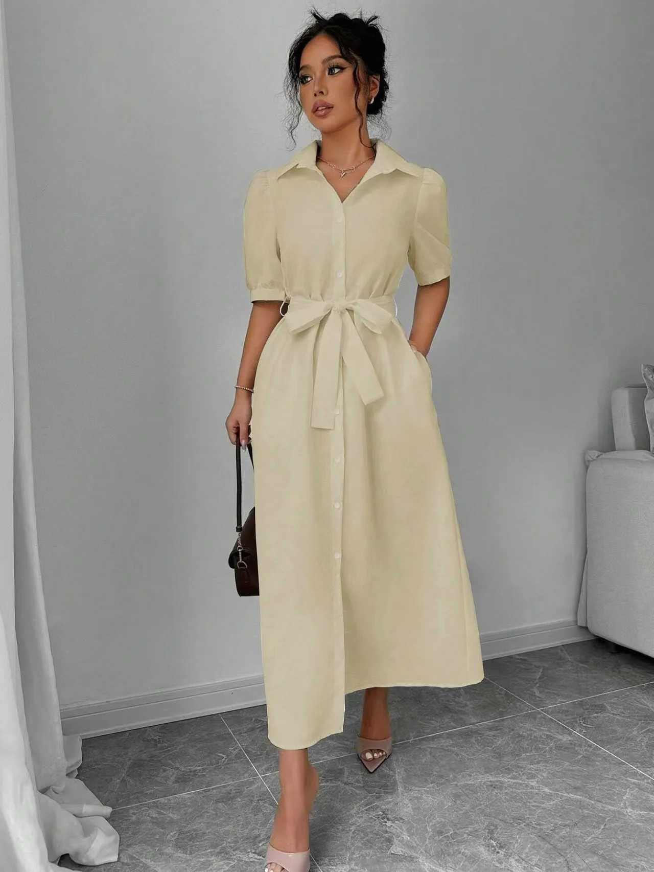 

Shirt Dress Ladies' Lace-Up Elegant Dress Solid-Color Maxi Dress