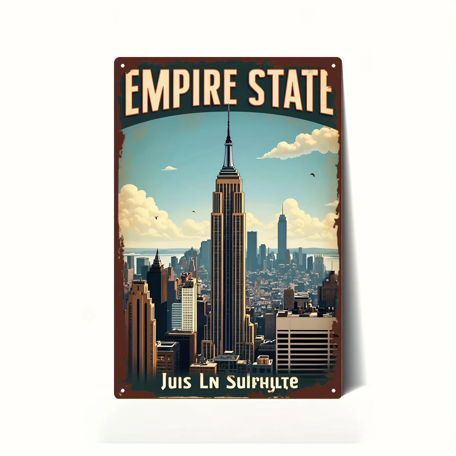 مسطح ثنائي الأبعاد، قطعة واحدة من لوحة القصدير العتيقة لبناء ولاية الإمبراطورية - لافتة تزيين أفق مدينة نيويورك مع ناطحة سحاب مميزة، ريترو #1