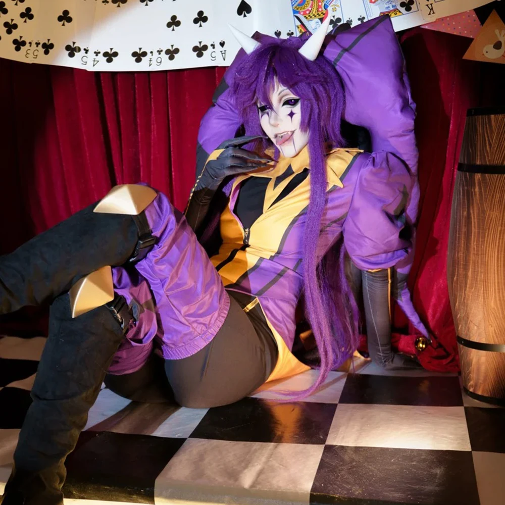 Game The Freak Circus Jester Cosplay Wig Purple Long Hair Heat Resistant Synthetic Full Wig Halloween Carnival Prop