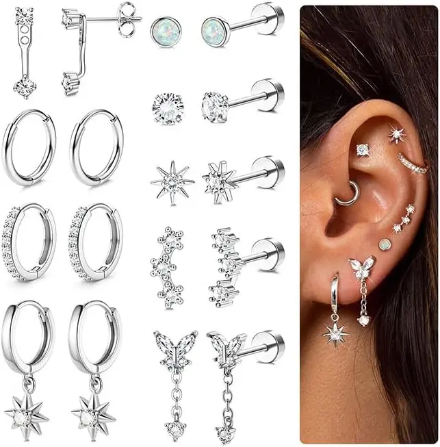

Gold & Silver Stud Hoop Earrings for Women, Hypoallergenic Dangle Huggie Sets, Flat Back, Multiple Piercing Jewelry