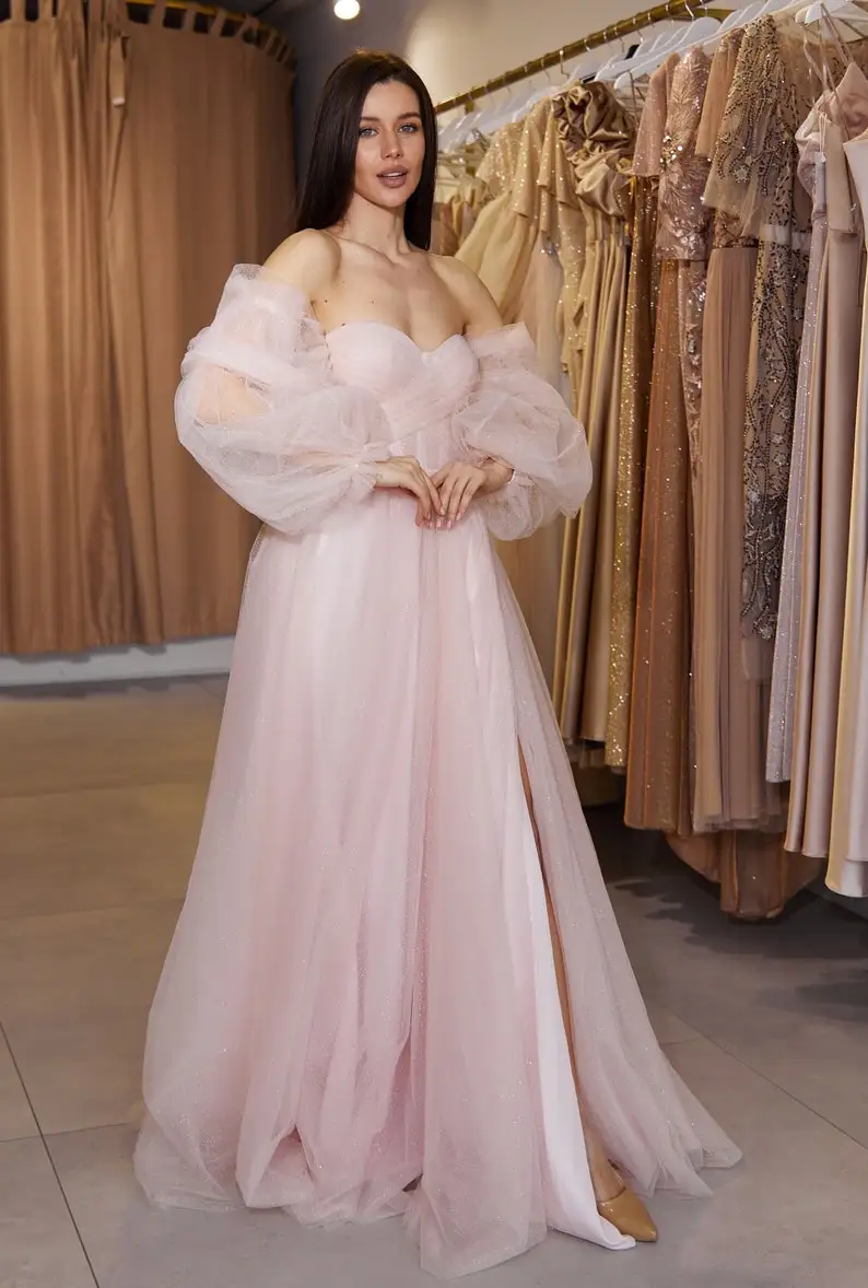 

Pink Tulle Prom Dress Lace-Up Corset Detachable Sleeves Evening Dresses Long Luxury Elegant Dress Women for Wedding Party