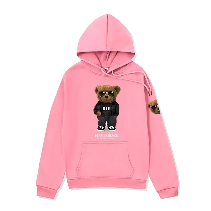 

Pink Women's Casual Hoodie Black Bear Doll Printed Men's Long Sleeve Pullover Street fashion Y2K Women's Hooded Sweatshirt