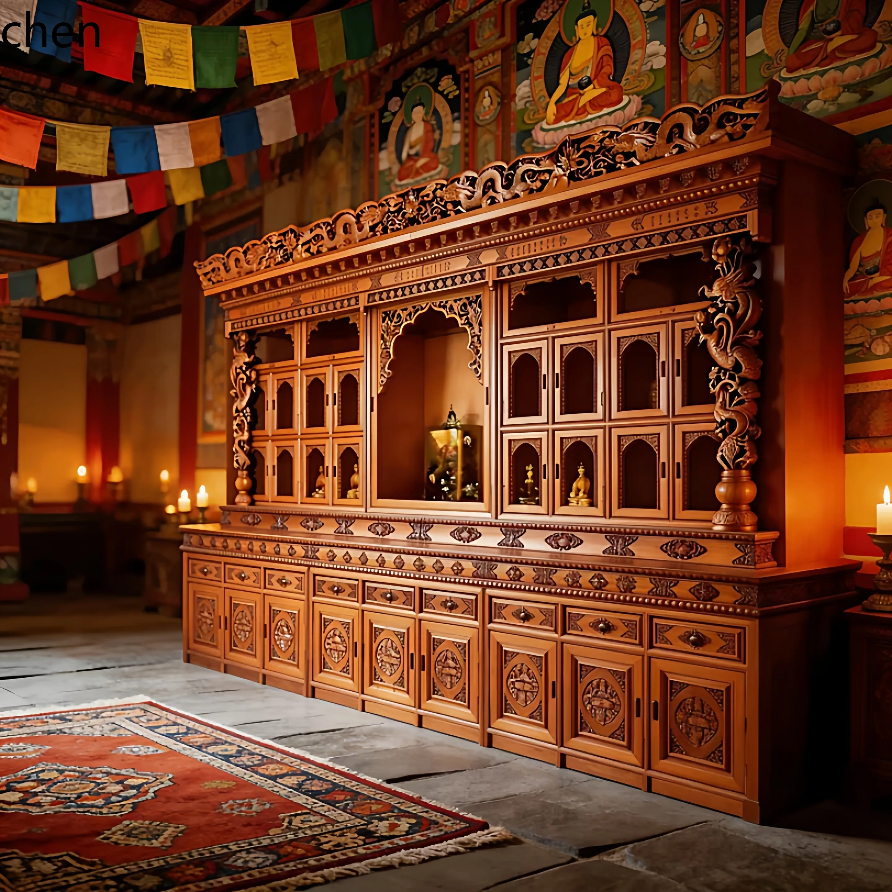 Cz carved camphor wood tibetan buddhist niche vertical worship cabinet buddha altar worship eight treasures niche buddhist hall