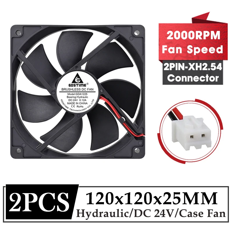 

2Pcs Gdstime DC 24V Fan 120*120*25MM Brushless Cooling Fan 2000RPM 12025 120MM Cooler for Computer Case&Graphics Card Cooling