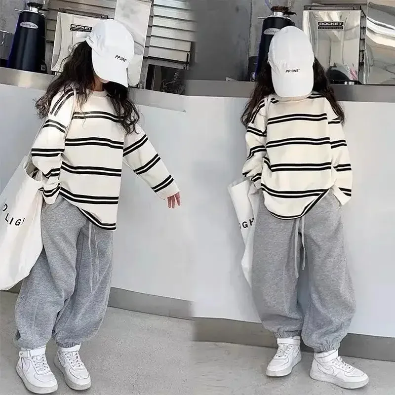 2024 Korea Style Simple Kids Clothes Girl 2Pcs Set Clothing Long Sleeve Striped+Loose Pant Outfits for Teen Girl 6 8 10 12 14Y