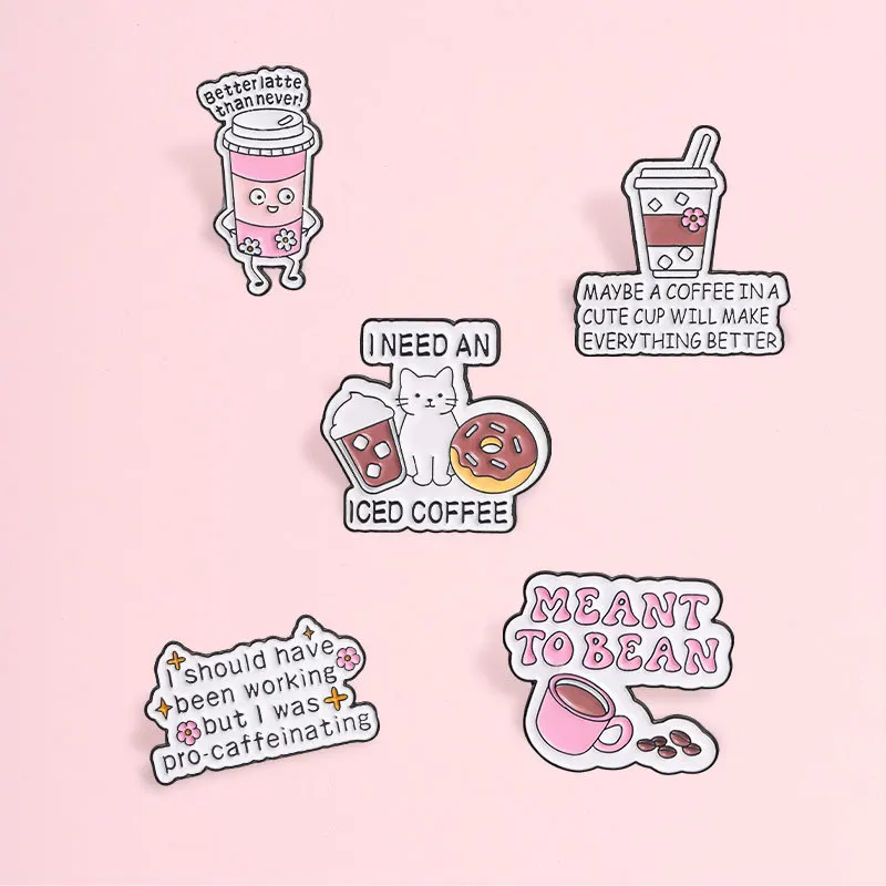 New Cute Coffee Themed Enamel Pin Cartoon Cat Donut Iced Coffee Fun Slogan Alloy Badge for Scarf Backpack Clothing Decorative