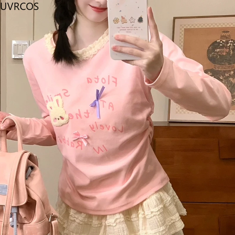 Sweet Cute Lolita Tops Grunge Cartoon Bunny Embroidery Long Sleeves T-shirt Women Y2k Aesthetic Slim Tees Vintage Fairy Japanese