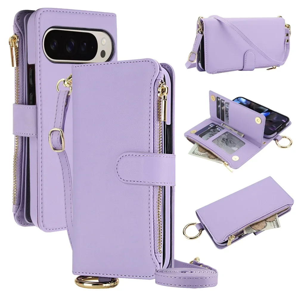 

Magnetic Flip Built-in Wallet Card Slots Phone Cover for Google Pixel 9 10 Pro XL with Shoulder Strap