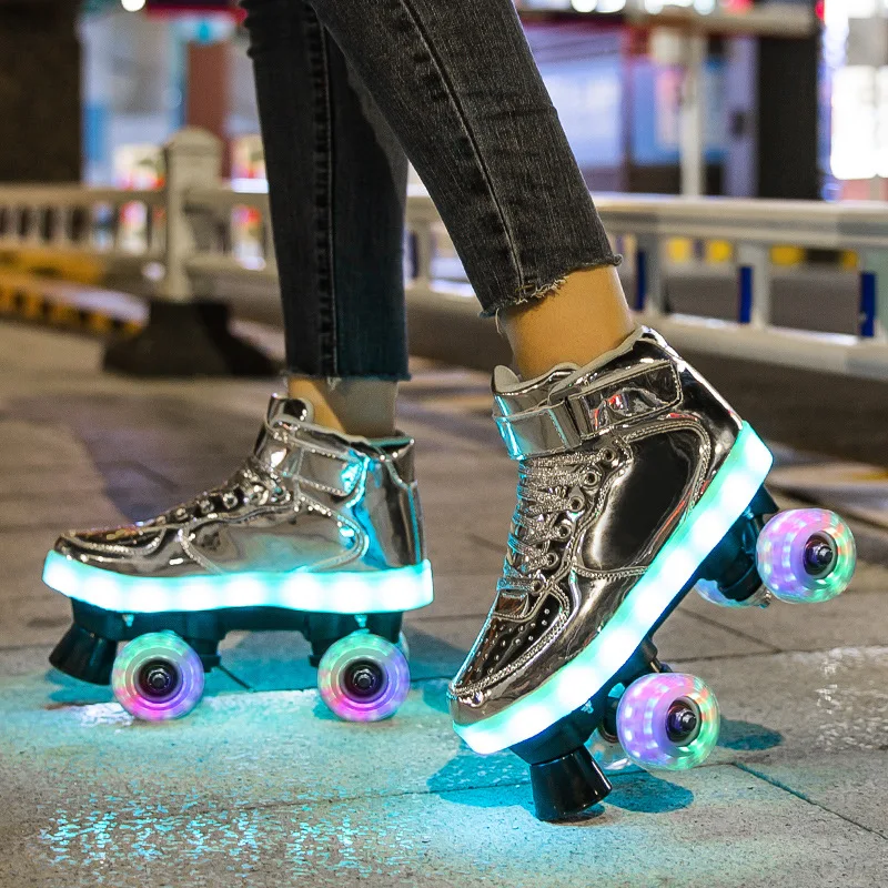 

Led Rechargeable 7 Colorful Flash Skating Shoes Double Row 4 Wheels Roller Skates Women Man Kids Patines Rollerblading Sneakers