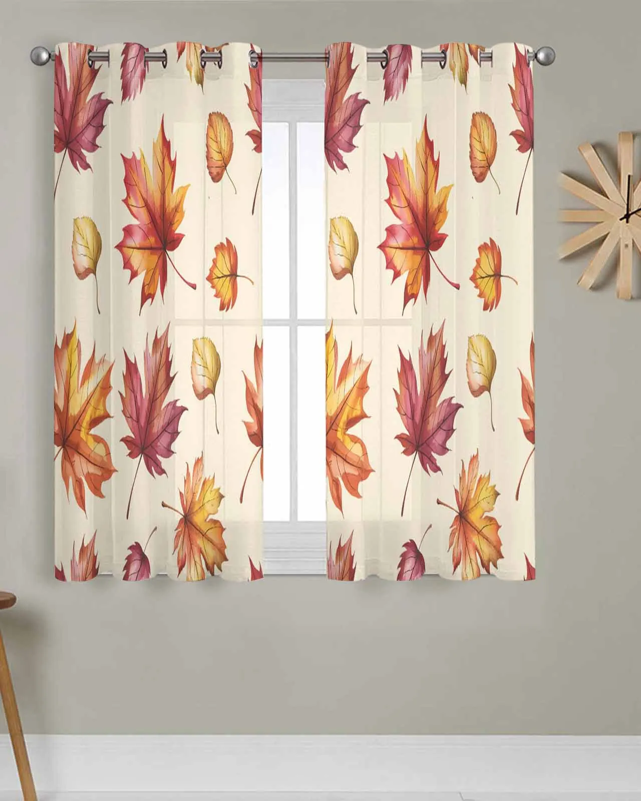 

Tulle Window Curtains Farmhouse Orange Maple Leaf for Living Room Bedroom Transparent Chiffon Sheer Voile Window Curtain