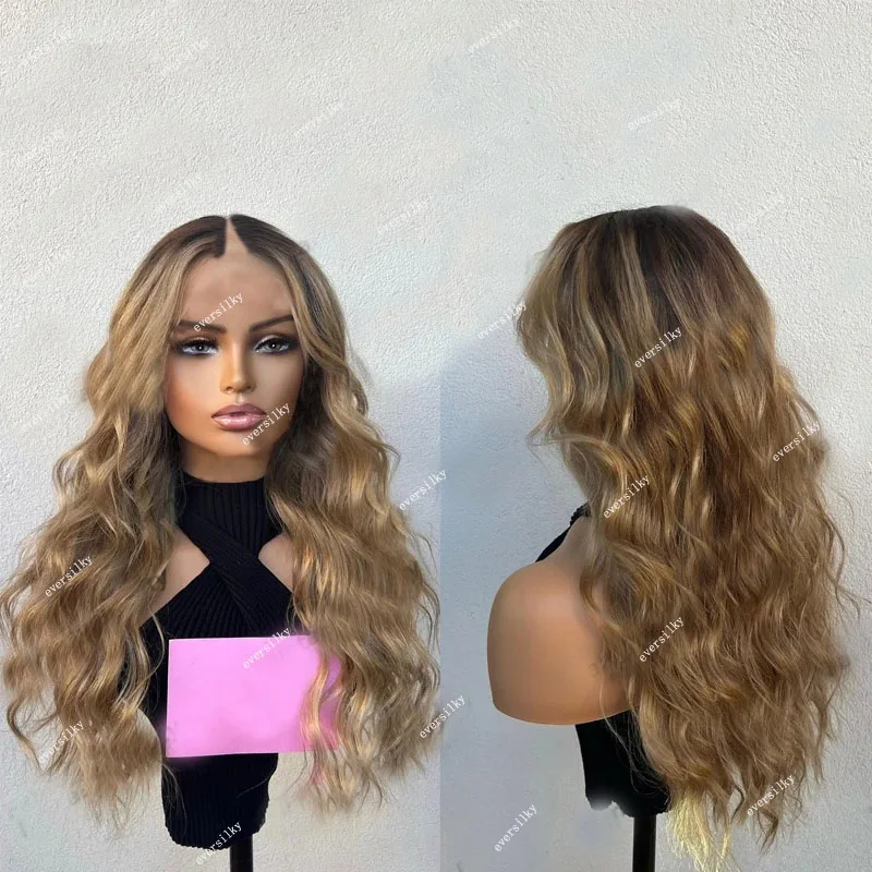 

Ombre Ash Blonde Highlight Brown Body Wave V Part Wigs 100% Human Hair 250Density Wavy U Shape Wig Glueless Full Machine Made 30