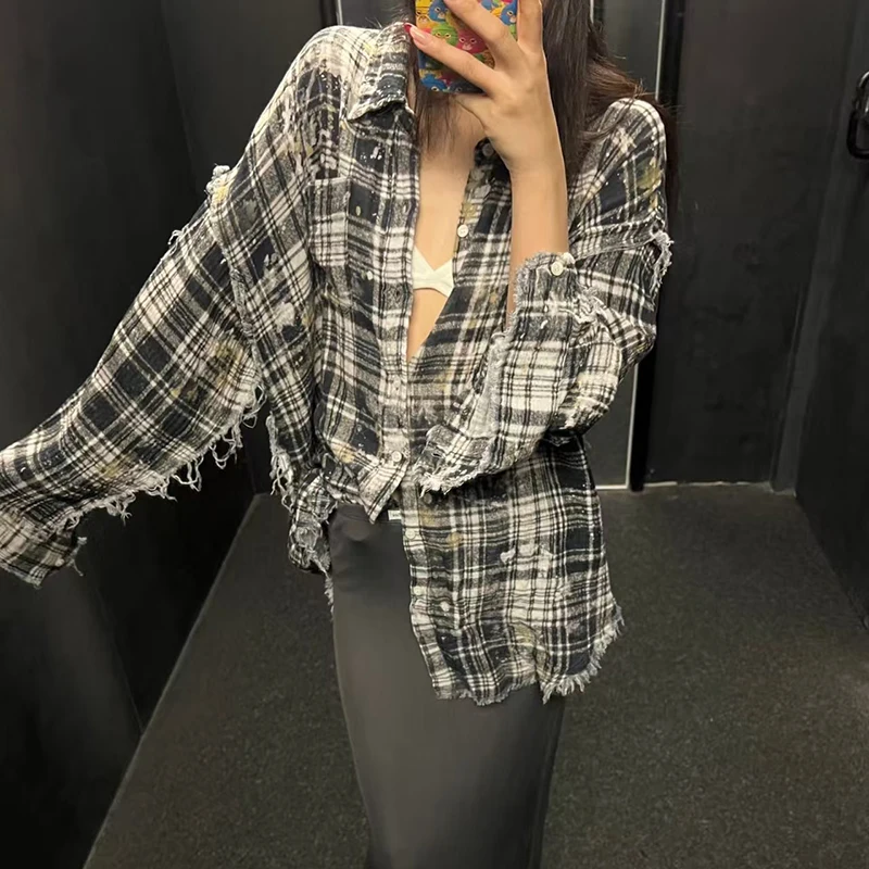 

Women's washed hem printed shirt, fashionable casual loose-fitting plaid top, high-quality soft gauze shirt, 2025, new style
